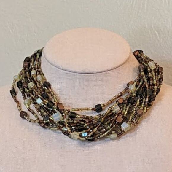 Green and Brown Multi-strand Choker Necklace - Picture 2 of 7